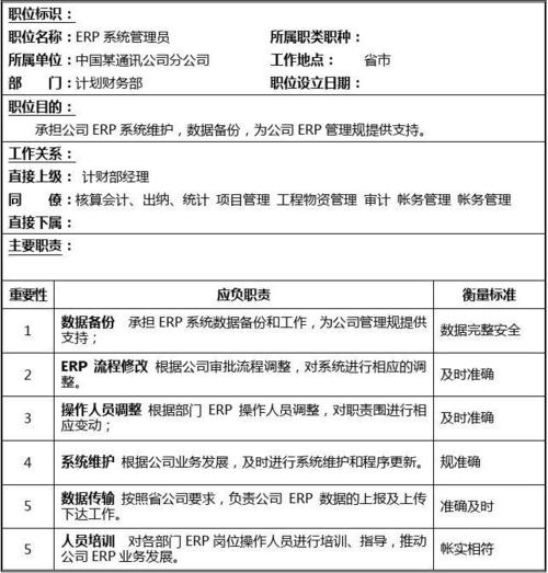 ERP 管理员岗位职责说明(负责系统管理员数据库系统数据) 软件开发