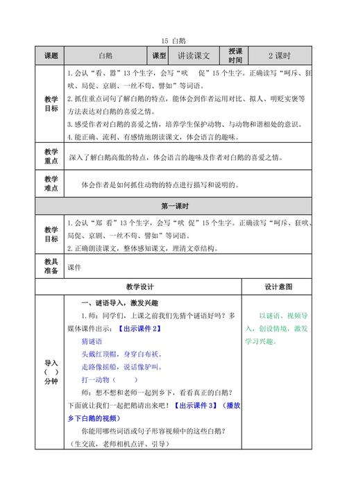 小学语文《白鹅》教学设计(生字课文句子朗读白鹅) 排名链接