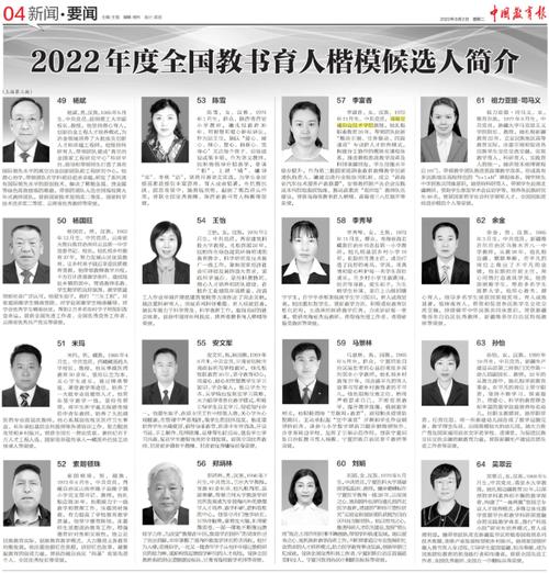 2022年度全国教书育人楷模候选人事迹简介(汉族学生教师曾获党员) 排名链接